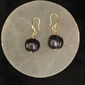 Tahitian Black Baroque Pearl Earrings 18KYG Over 925 Fine Silver